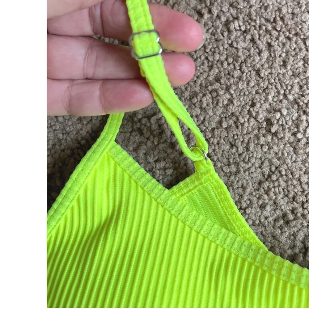 Halara Womens Neon Lime Green Ribbed Scoop Neck Bikini Top Size Large Adjustable